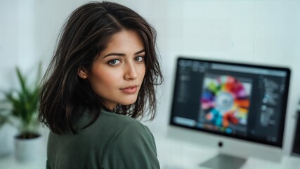Creative Young Woman Looking at Camera with Graphic Design on Computer Screen