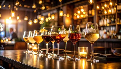 An assortment of colorful cocktails in stemmed glasses sit on a dark bar top with warm blurred lights in the background