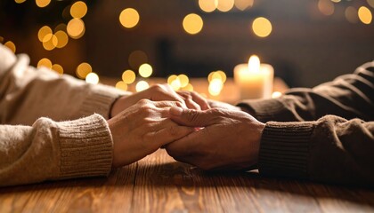 Two pairs of adult hands are gently clasped on a wooden table with soft bokeh and candle light in the background