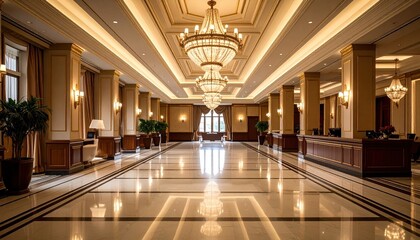 Luxurious hotel lobby featuring marble floors elegant chandeliers ornate columns and reception desk with indirect