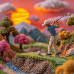 A man is playing golf in a field with a sunset in the background. The man is wearing a blue shirt and white pants