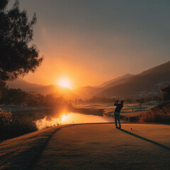 A man is playing golf on a course with a beautiful sunset in the background. The sky is orange and the sun is setting, creating a serene and peaceful atmosphere