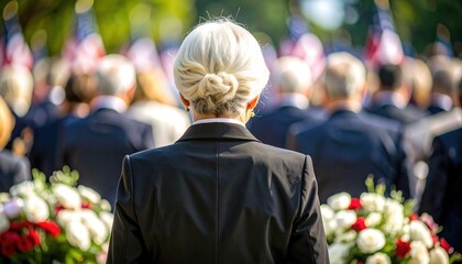 Woman with blonde hair wearing black suit from behind attends outdoor event with blurry background of people and flags