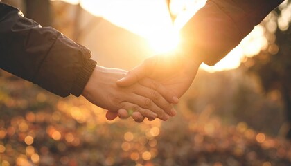 Two people holding hands outdoors in a park setting with bright sunlight and a bokeh effect highlighting autumn colors