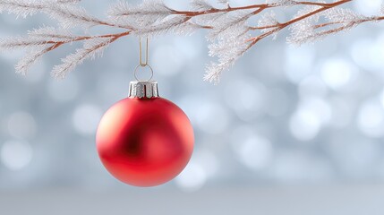 Red Christmas Ornament Hanging from Frosted Branch with Bokeh Background