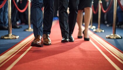 People wearing dress shoes are walking on a red carpet with gold stanchions a formal event showing legs and feet