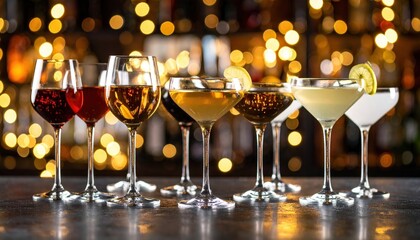 Various alcoholic drinks including wine and cocktails are displayed in stemmed glasses on a reflective surface with