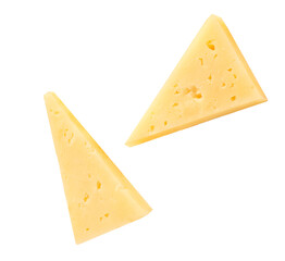 Flying Cheese triangle pieces isolated on white. Levitating cheese. Holey Cheese Explosion. Top view. Flat lay.