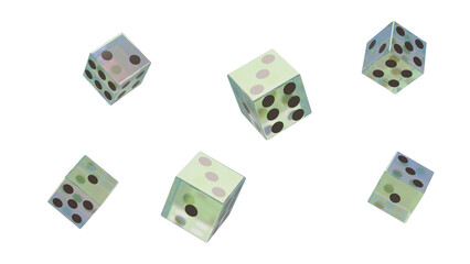 floating translucent dice set 3d render with glowing edges and black pips, transparent background for gaming or casino concept illustration