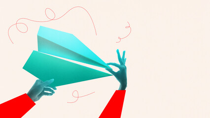 Digital collage. Two stylized hands with red sleeves launch a large turquoise paper plane with a...