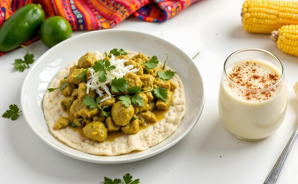 Jocon Chicken Stew with Atol de Elote Corn Cinnamon Drink, Guatemalan Food Drink Menu