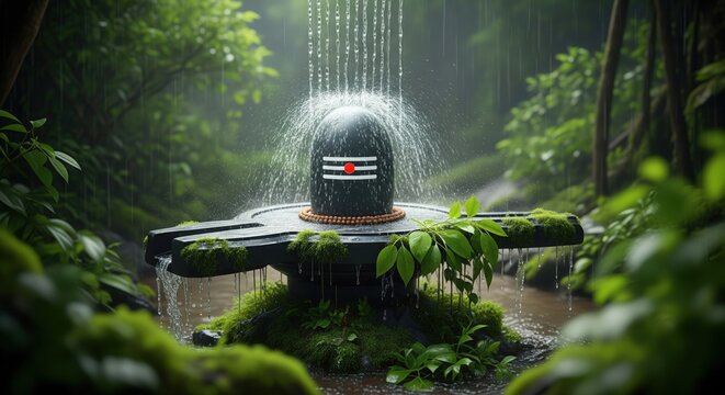 Shivling Under Monsoon Waterfall &ndash; 4K HD Spiritual Wallpaper
