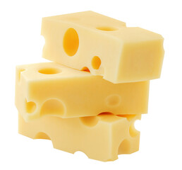 Pile of Cow's Cheese cubes isolated on white. Swiss holey maasdam cheese pieces stack. Cheese chunks close up.