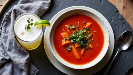 Kak'ik Turkey Red Soup with Guaro Sour Cocktail on Dark Slate, Guatemalan Food Drink Menu