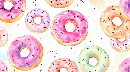 Fototapeta premium Watercolor background pattern donuts on white background 
