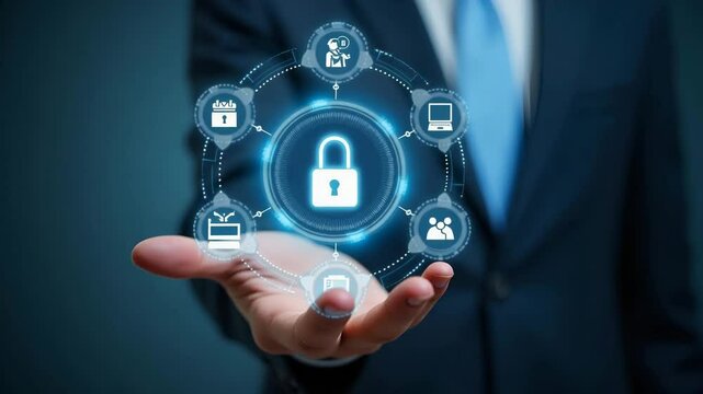 Hand Holding Holographic Zero Trust Security Model: Visualizing Cybersecurity Principles with Network Access Icons in an Empty Space Concept