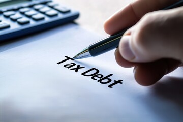 tax debt settlement. A hand writing "Tax Debt" on paper with a calculator in the background.