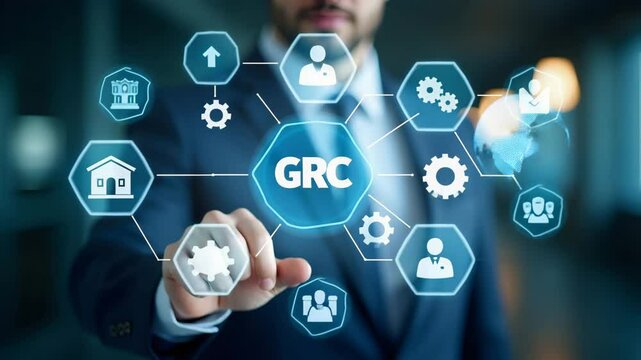 Businessman interacts with GRC icons on digital interface representing governance risk management compliance and business ethics in organizational management. concept as Businessman interacts with GRC