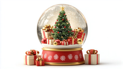 3D Snow Globe with Christmas Tree and Red and Gold Gifts, Festive Holiday Decor, Isolated on White Background.