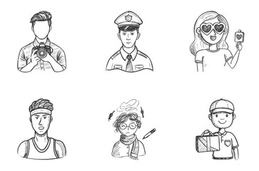 Obraz premium Hand-drawn sketch avatars of people looking at camera in travel, selfie, delivery, and job scenes in black-white comic style. Concept: tourism marketing, urban service, personal branding