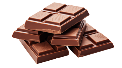 Dark chocolate squares stacked on a transparent background present a delicious dessert treat