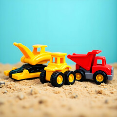 Fototapeta premium A brightly lit, detailed construction toy set consisting of miniature vehicles.