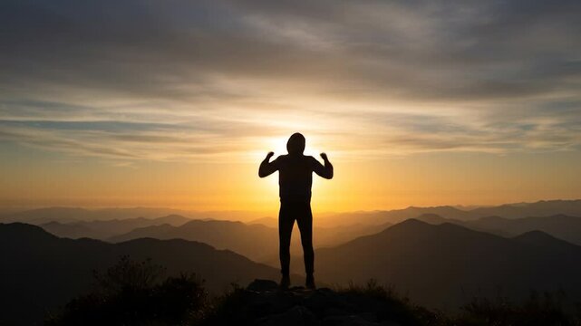 Person silhouette triumphant pose on mountain peak at sunset