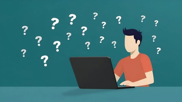 Flat Hand with Laptop and Floating Question Marks: A Cute Vector Illustration Symbolizing Inquiry and Problem Solving in the Digital Business Context