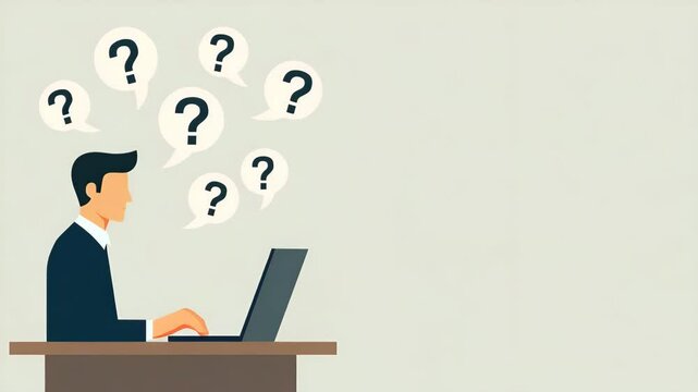 Flat Hand with Laptop Surrounded by Floating Question Marks: Symbolizing Inquiry and Problem Solving in Digital Context - Cute Vector Illustration