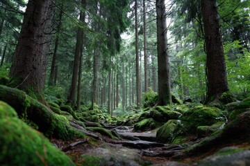 Obraz premium Lush green forest trail with moss-covered rocks and tall trees on a misty day