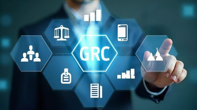 Flat Businessman Engaging with GRC Icons on Digital Interface: Governance, Risk Management, Compliance & Business Ethics in Organizational Management
