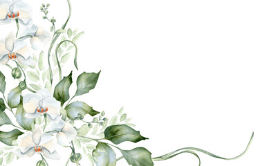 Soft pastel botanical banner with white orchids, holly, and foliage watercolor isolated on. Delicate floral border hand painted for nature themed stationery, wedding decor, and eco branding.