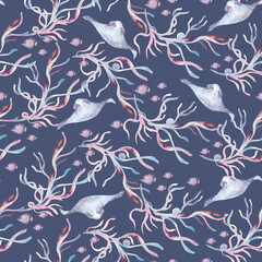 Watercolor ocean seamless texture with pastel corals, stingrays, and tropical fishes isolated. Monochrome repeated marine pattern painted for fabric, packaging, sea background, and beach accessories.