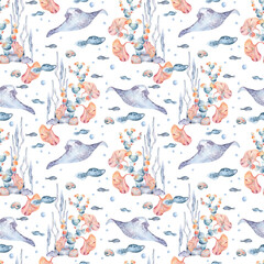 Ocean creatures in tropical marine world seamless pattern watercolor isolated. Bright seaweeds, fishes, and kelp painted orange and blue tones. Design for summer stationery, swimwear prints, fabric.