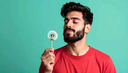 Bearded Man in Red Shirt Gently Blowing a Dandelion Seed Against Teal Background