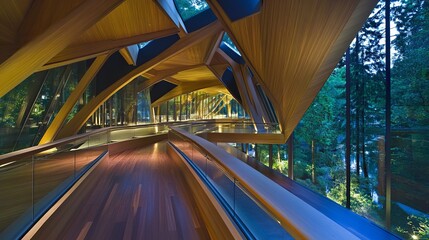 Elevated wooden walkway with intricate, angular design, nestled within a lush forest at twilight. The structure's unique architecture is highlighted by warm lighting and the surrounding greenery