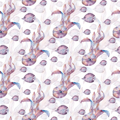 Delicate watercolor underwater life seamless pattern isolated. Hand painted ocean creatures and seaweeds in lavender and pale pink tones repeat texture. Design for home textile, marine prints.