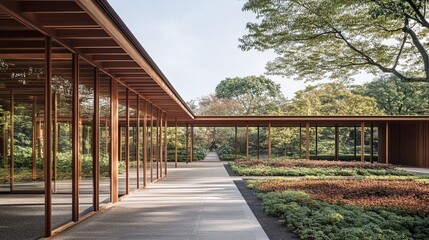 Modern wooden structure with glass walls, open-air walkway, and landscaped garden.  Provides a serene, minimalist aesthetic
