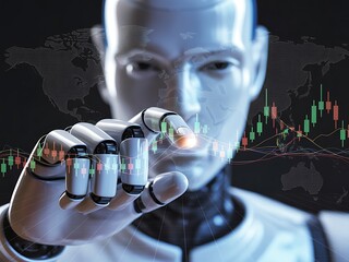 Robot interacting with financial data on world map artificial intelligence technology