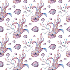 Pastel marine seamless pattern with whimsical sea plants and colorful fish clown isolated. Watercolor repeat texture hand painted soft pink lilac tones for wrapping paper, baby textiles, beach fabric.
