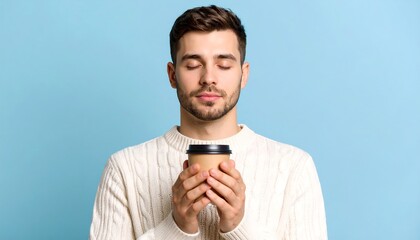 Bearded Man In White Knitted Sweater Holding a Disposable Coffee Cup On Blue Background