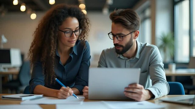 Diligent Latin female manager instructing young male coworker using laptop at office clarifying corporate project details. concept as Busy mentor guiding employee with detailed software insights. Both