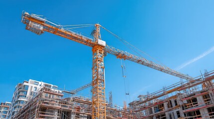 Towering yellow crane oversees multi story building construction under blue sky
