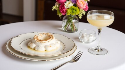 Espumilla Meringue Dessert and Cocada Cocktail on Fine Dining Table, Ecuadorian Sweet and Drink Menu