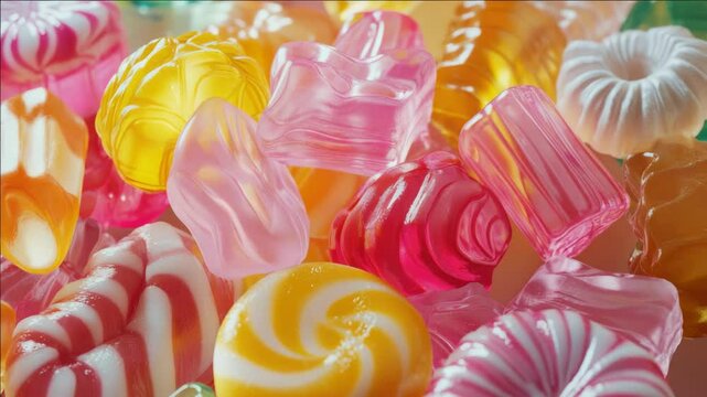 A colorful assortment of candy with a variety of flavors and shapes, including hard candy, lollipops, and gummy candies.