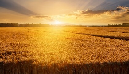 Fototapeta premium golden field with rows of crops, glowing in the light of the setting sun, creating a peaceful and abundant agricultural scene, with plenty of copy space for text space