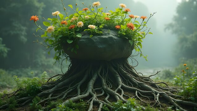 Intertwined Roots Holding a Heavy Rock Symbolizing Strength, Unity, and Teamwork in Nature