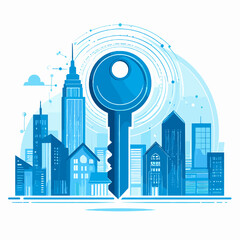 Fototapeta premium Blue Key Overlays Modern Cityscape Architecture with Tall Buildings and Skyline in a Flat Design