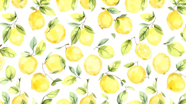Lemon seamless border fruit illustration, cute citrus watercolor digital file on a white background close up	