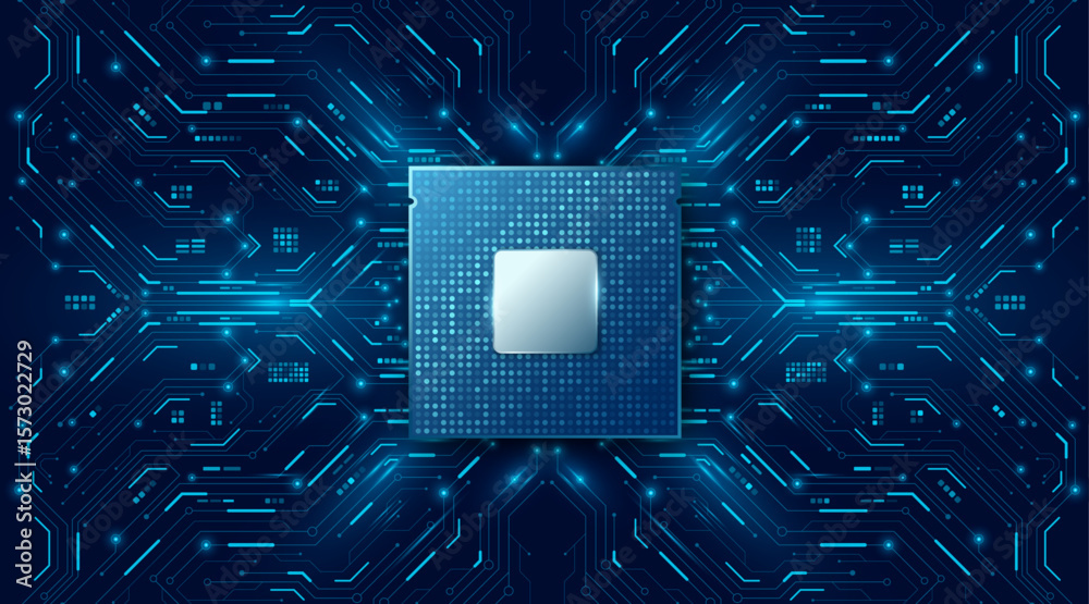 Poster futuristic cpu microchip with illuminated circuit board on dark blue background. glowing hi-tech mot